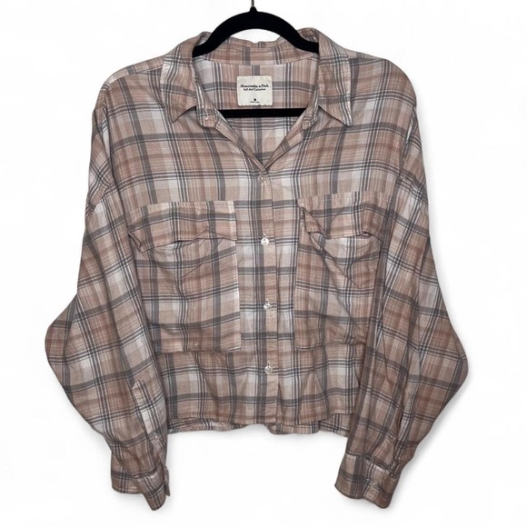 Abercrombie & Fitch Cropped Plaid Flannel Shirt Medium - Picture 1 of 4